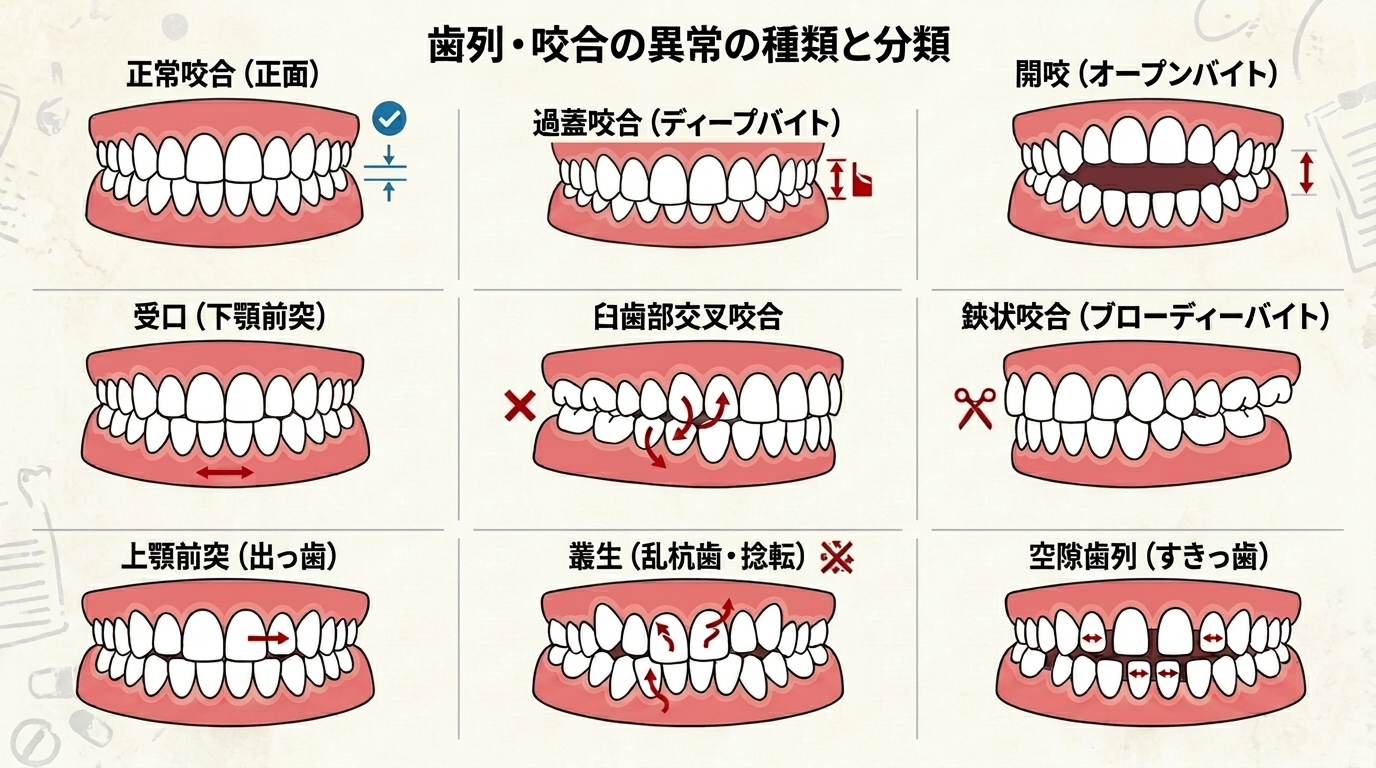 不正咬合の種類（八重歯、オープンバイト、交叉咬合など）